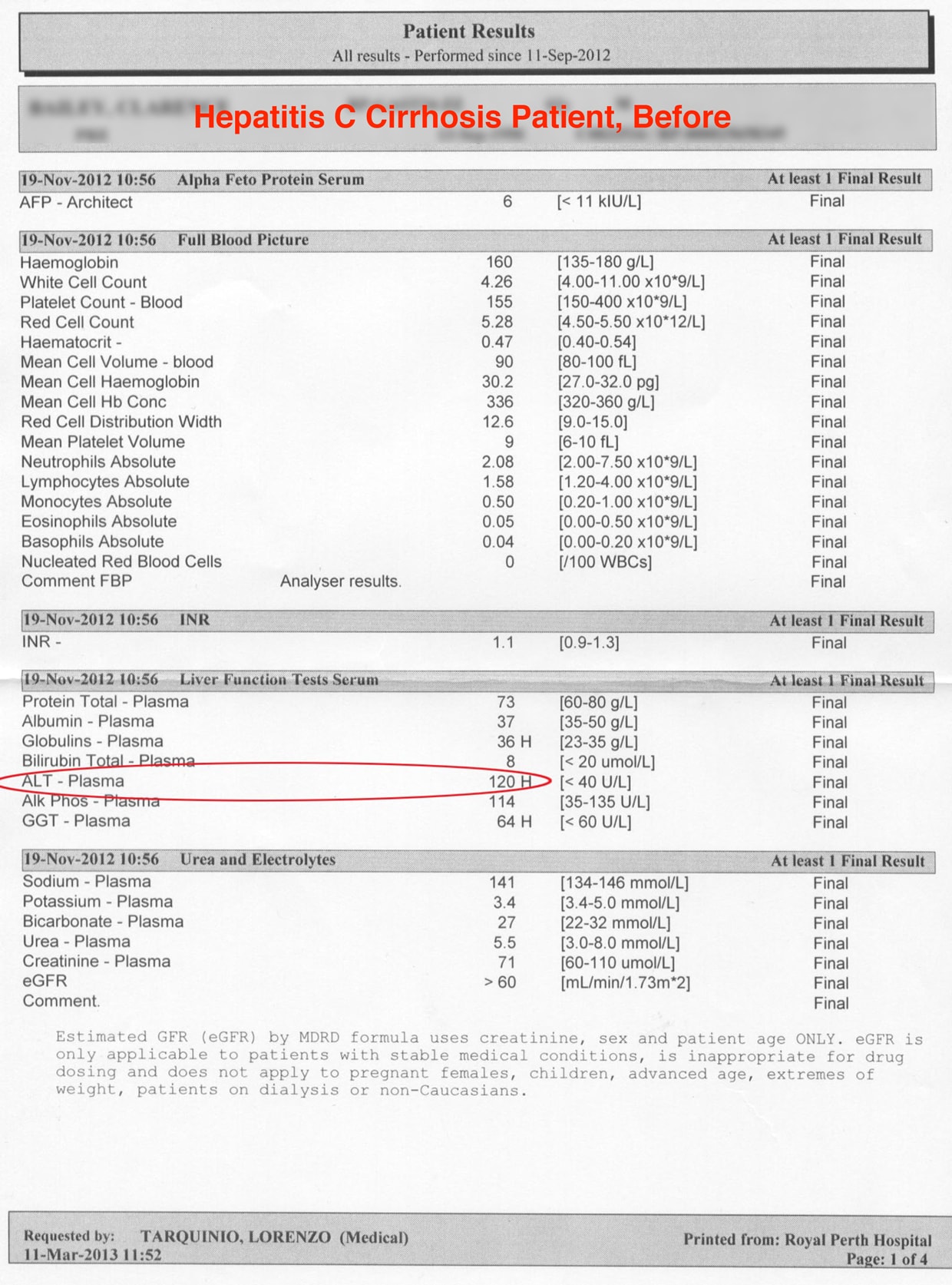 blood test report - Before use YHK Liver Therapy